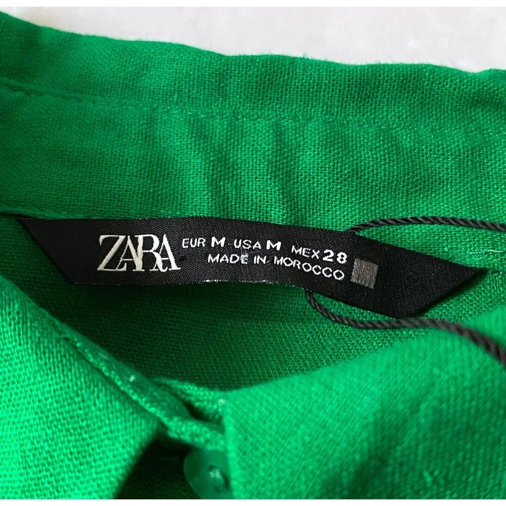 Zara Linen Blend Shirt Women M Shamrock Green 3/4 Kimono Sleeve Button Down NWOT - Picture 8 of 16